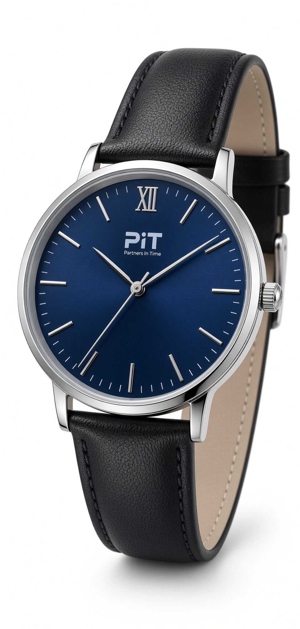 The Elysian engraved groomsmen watch with a blue dial, black genuine leather band and silver case