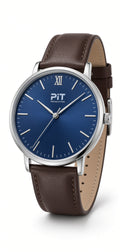 The Elysian engraved groomsmen watch with a blue dial, brown genuine leather band and silver case
