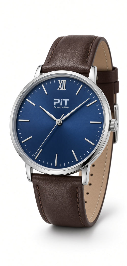 The Elysian engraved groomsmen watch with a blue dial, brown genuine leather band and silver case