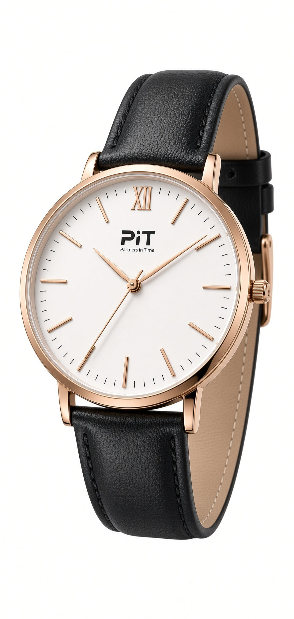 The Elysian engraved groomsmen watch with a white dial, black genuine leather band and rose gold case