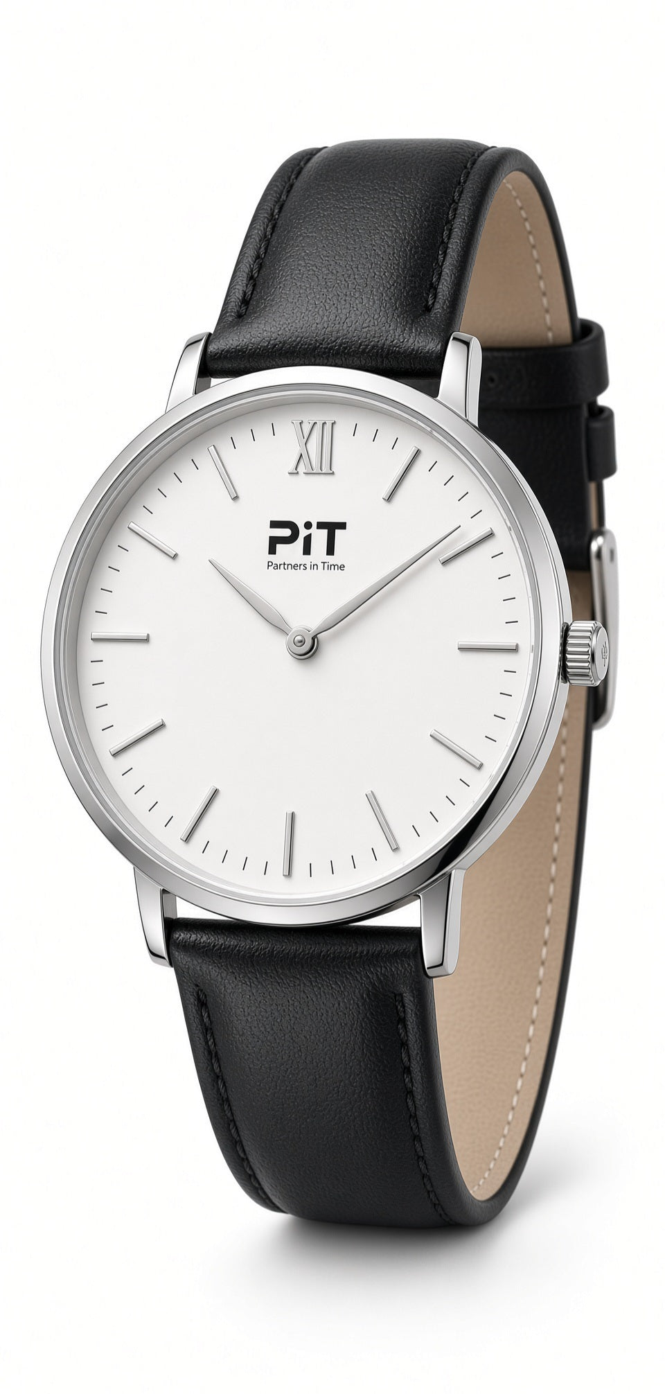 The Elysian engraved groomsmen watch with a white dial, black genuine leather band and silver case