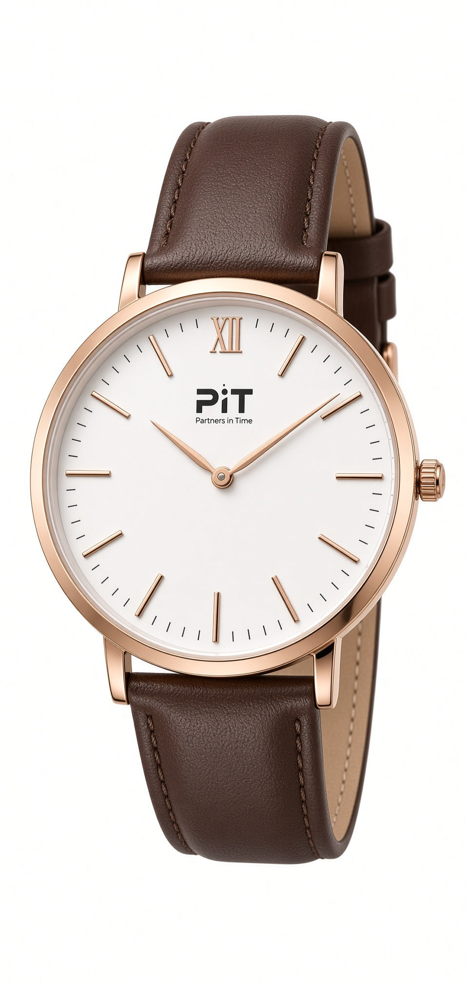The Elysian engraved groomsmen watch with a white dial, brown genuine leather band and rose gold case