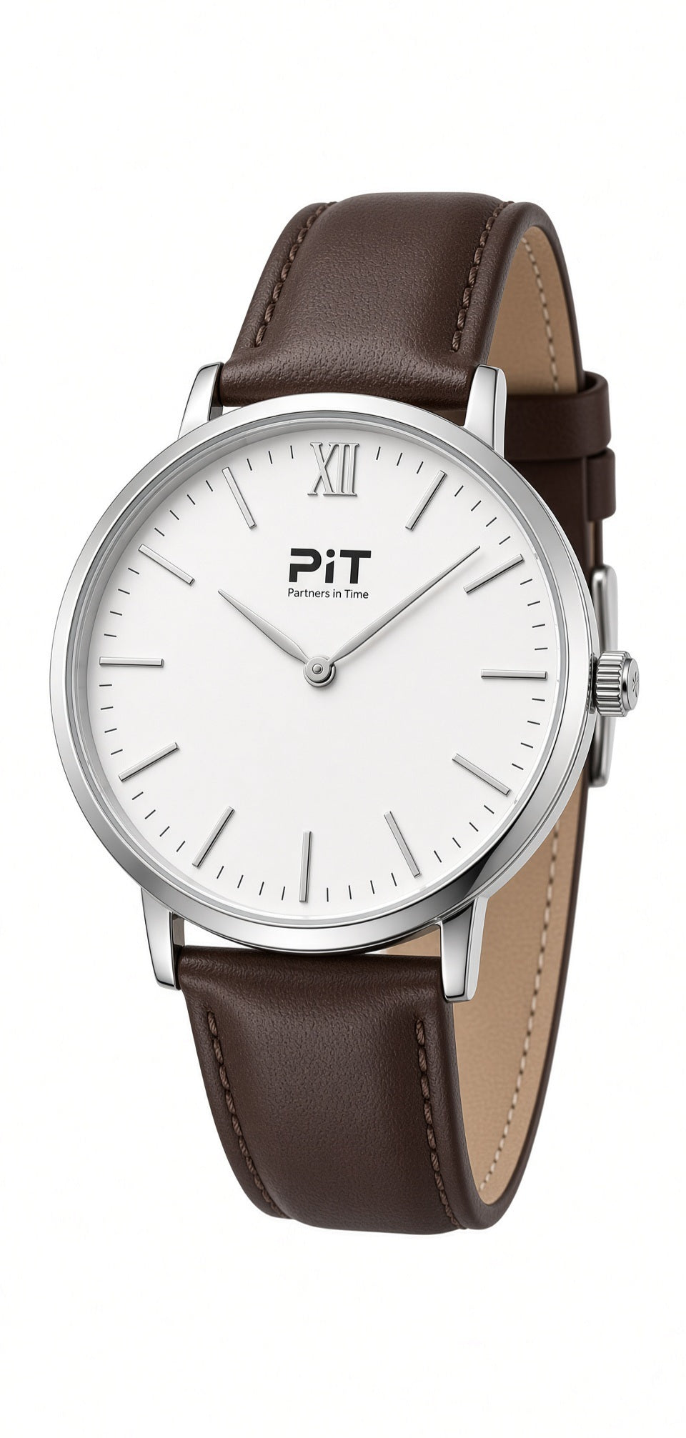 The Elysian engraved groomsmen watch with a white dial, brown genuine leather band and silver case
