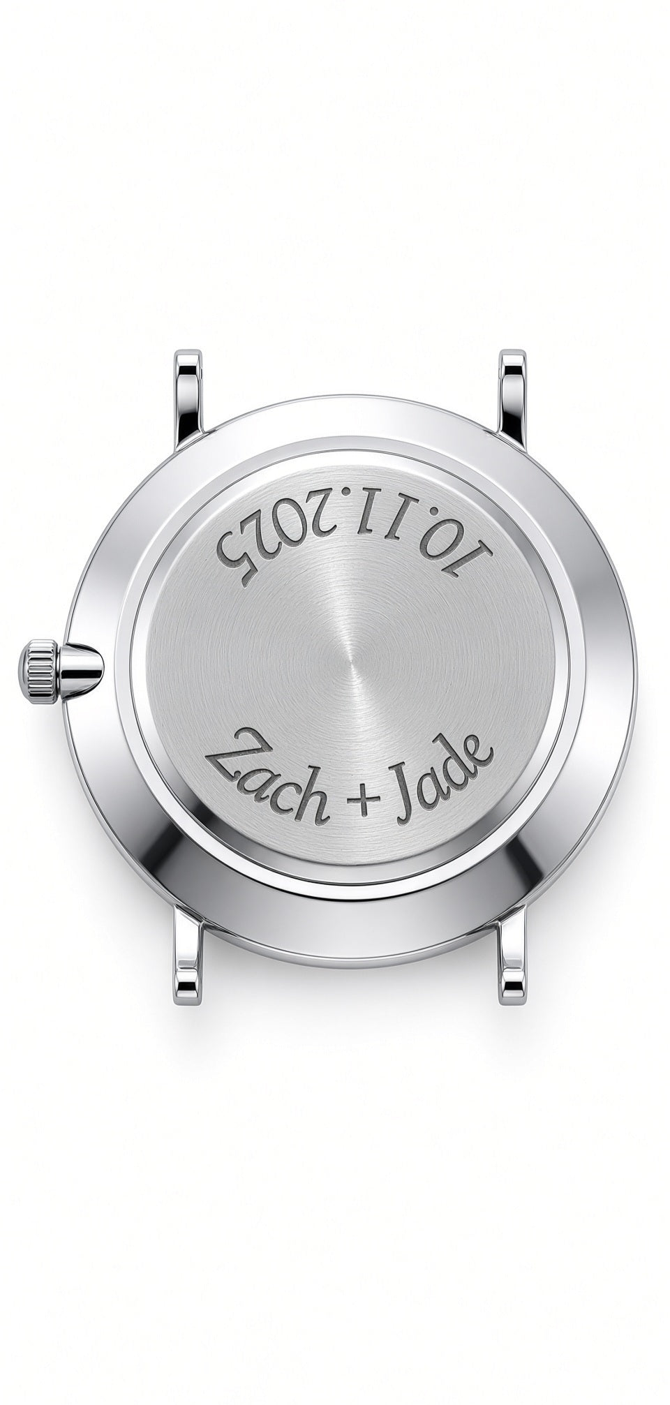 Engraved case back of The Elysian groomsmen watch showing names and wedding date