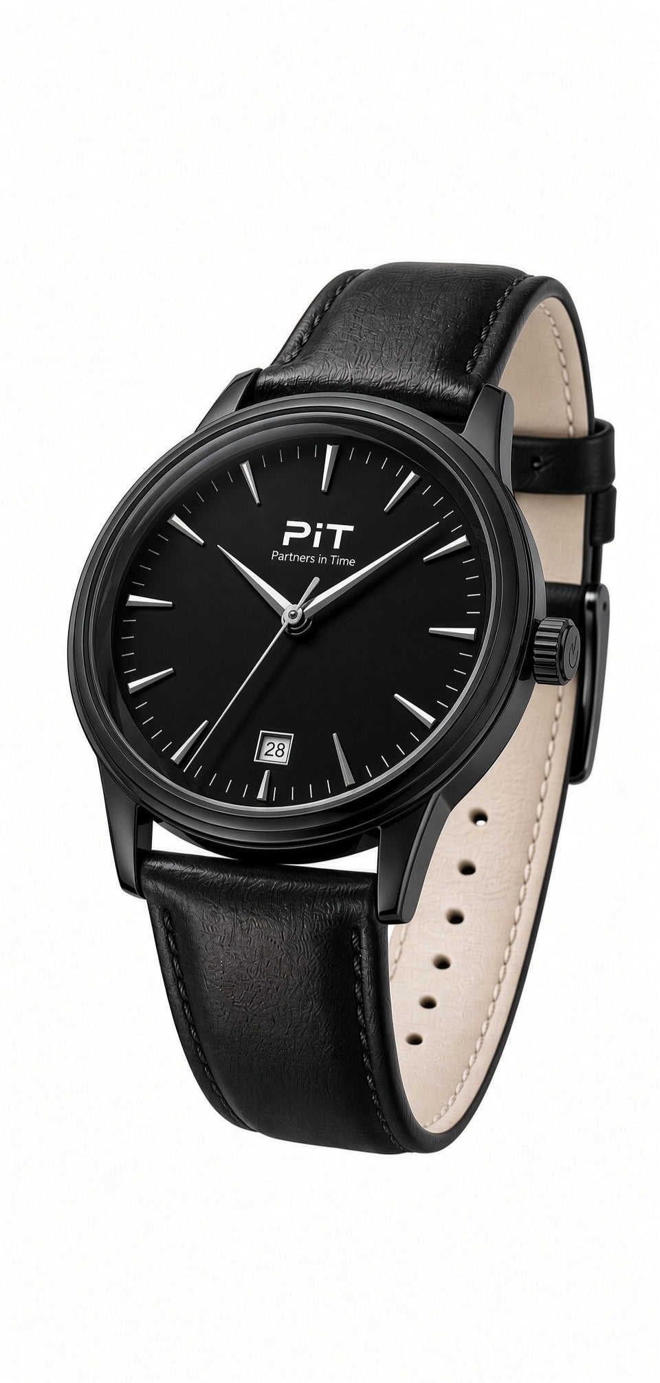 The Meridian engraved groomsmen watch with a black dial, black genuine leather band and black case