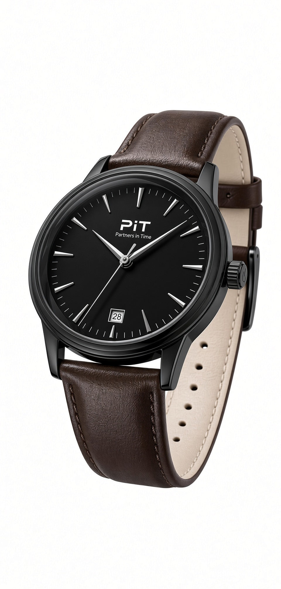 The Meridian engraved groomsmen watch with a black dial, brown genuine leather band and black case