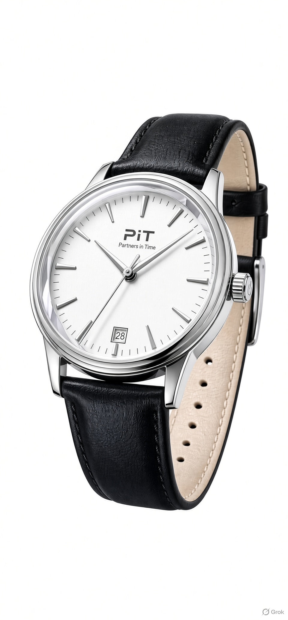The Meridian engraved groomsmen watch with a white dial, black genuine leather band and silver case