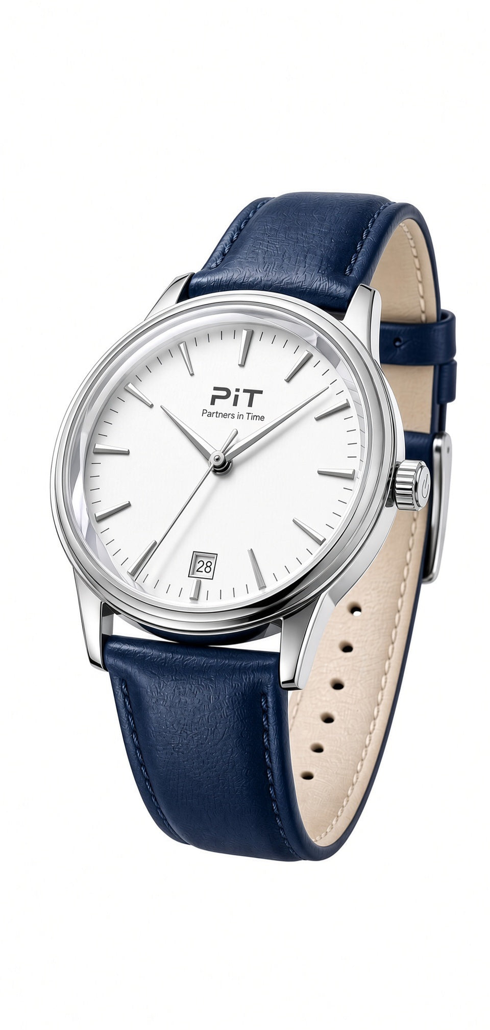The Meridian engraved groomsmen watch with a white dial, blue genuine leather band and silver case