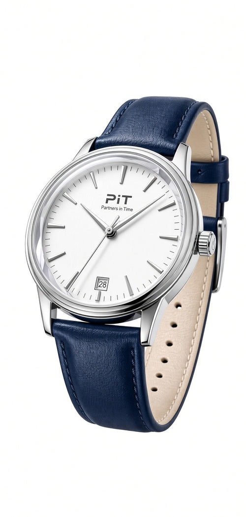 The Meridian engraved groomsmen watch with a white dial, blue genuine leather band and silver case