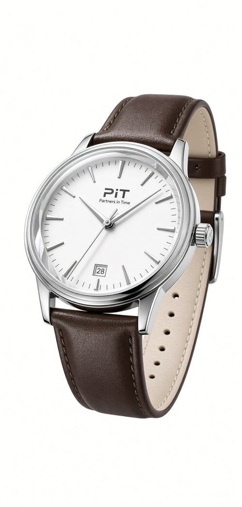 The Meridian engraved groomsmen watch with a white dial, brown genuine leather band and silver case