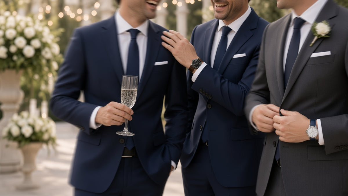 Groomsmen laughing together at a garden wedding, wearing Partners In Time watches