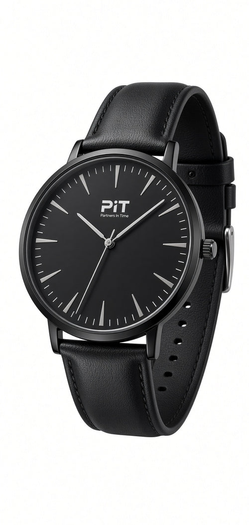 The Signature engraved groomsmen watch with a black dial, black genuine leather band and black case
