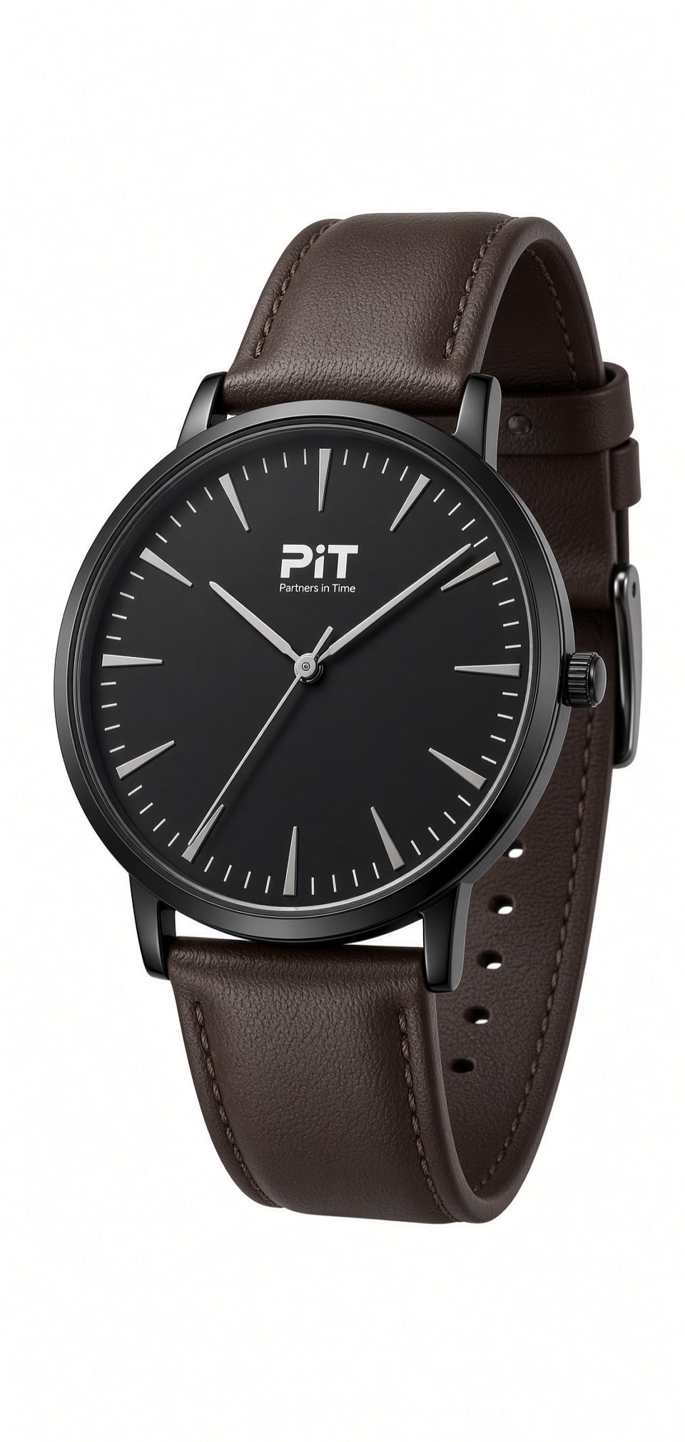 The Signature engraved groomsmen watch with a black dial, brown genuine leather band and black case