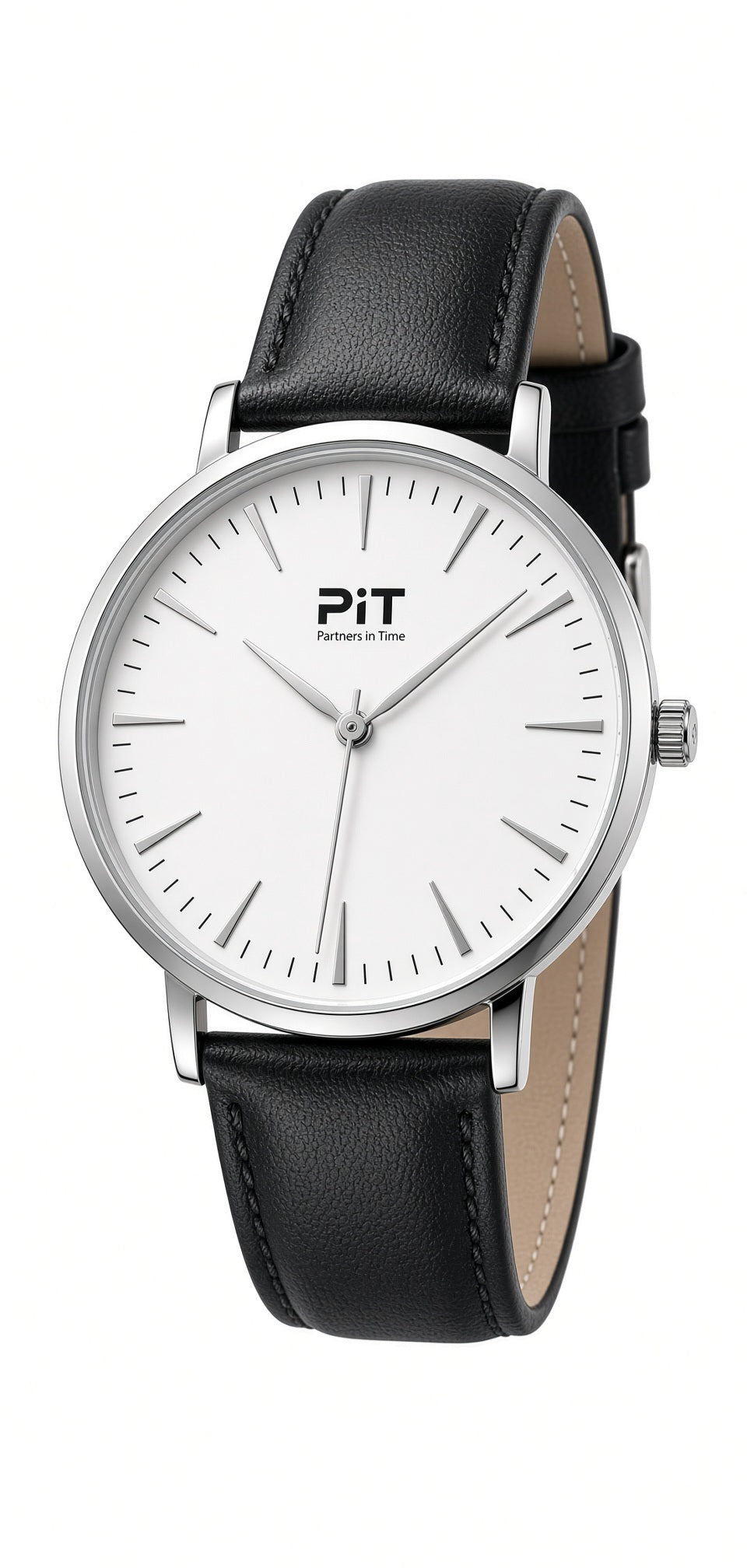 The Signature engraved groomsmen watch with a white dial, black genuine leather band and silver case