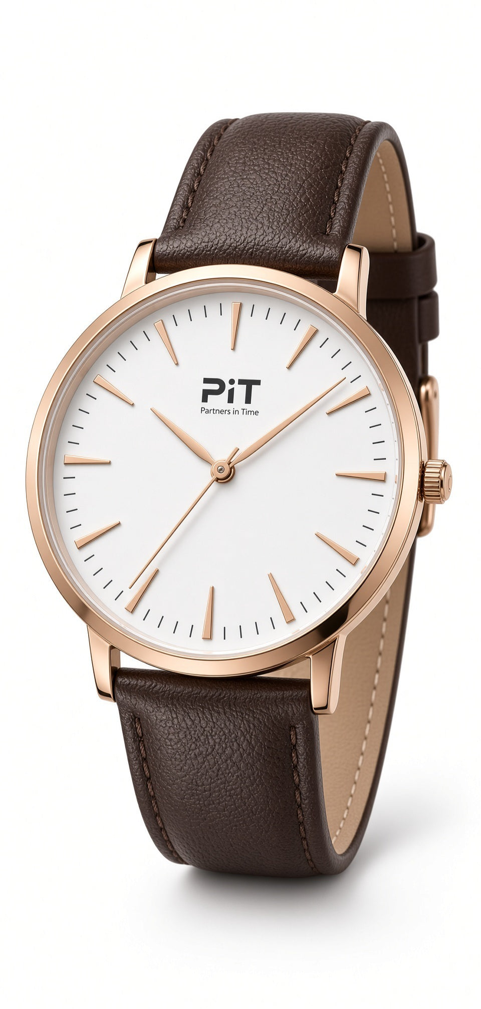 The Signature engraved groomsmen watch with a white dial, brown genuine leather band and rose gold case