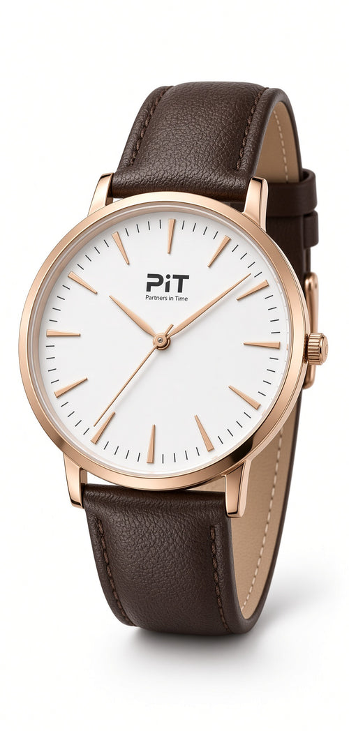 The Signature engraved groomsmen watch with a white dial, brown genuine leather band and rose gold case